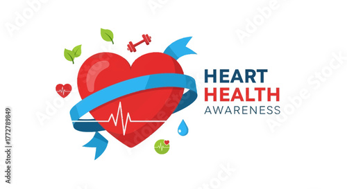 Engaging vector illustration for cardiovascular health awareness, featuring a stylized red heart with an ECG wave and wellness symbols