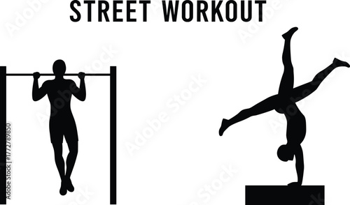 Street workout silhouettes, pull up exercise, one arm handstand balance, urban fitness training, calisthenics strength routine, outdoor gym athletes, bodyweight workout, street fitness art