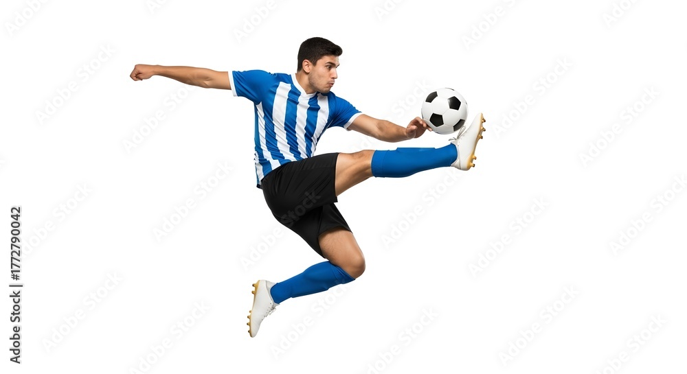 Fototapeta premium An athlete kicking a soccer ball in mid-air. The image captures the dynamic energy of sports. The person is in a blue and white uniform and is fully focused on the game.