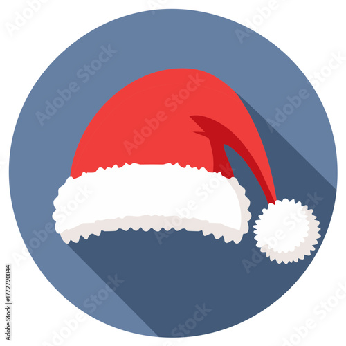 Festive Flat Design Santa Claus Hat Icon on Blue Circle with Shadow