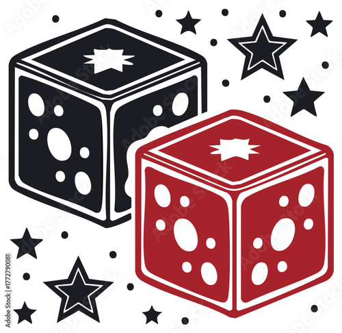 Two stylized dice one red and one black surrounded by stars and dots