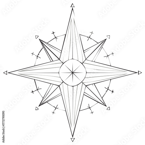 Detailed Compass Rose Illustration, Navigational Tool Icon, Nautical Star Shape in Elegant Outline Design
