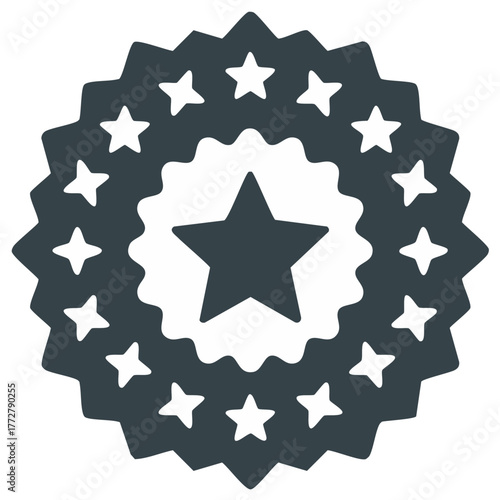 Wreath rosette with central star and outer star icons, badge vector with award motif