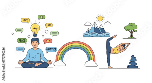 Outline illustration of people practicing yoga and meditation for positive mental health, harmony, and inner peace