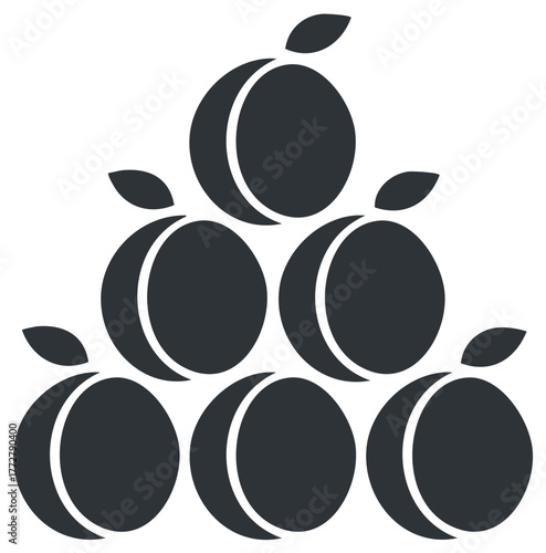 Stylized Plums Stacked in a Triangular Arrangement on White Background with Leaves