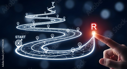 Digital roadmap to success with finger pointing towards goal