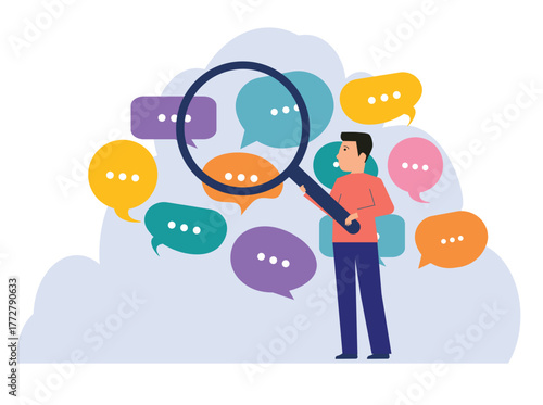 Social listening and market research concept. A man with a magnifying glass analyzing customer feedback from comments and speech bubbles.