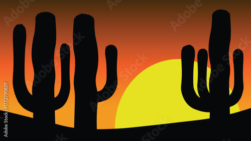 Desert Sunset Cactus Sunset in the desert, black shadow of a cactus.