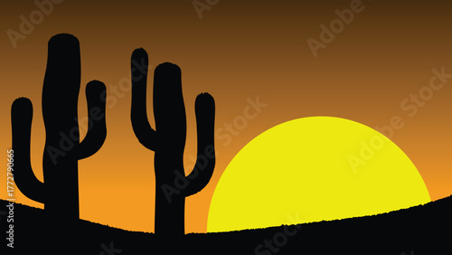 Desert Sunset Cactus Sunset in the desert, black shadow of cactus illustration
