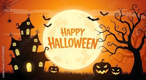 Spooky halloween night scene with haunted house and jack o lanterns