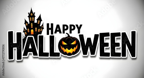 Happy halloween text with spooky castle and jack o lantern