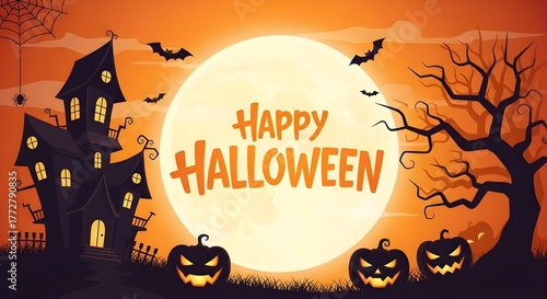 Spooky halloween scene with haunted house pumpkins and full moon
