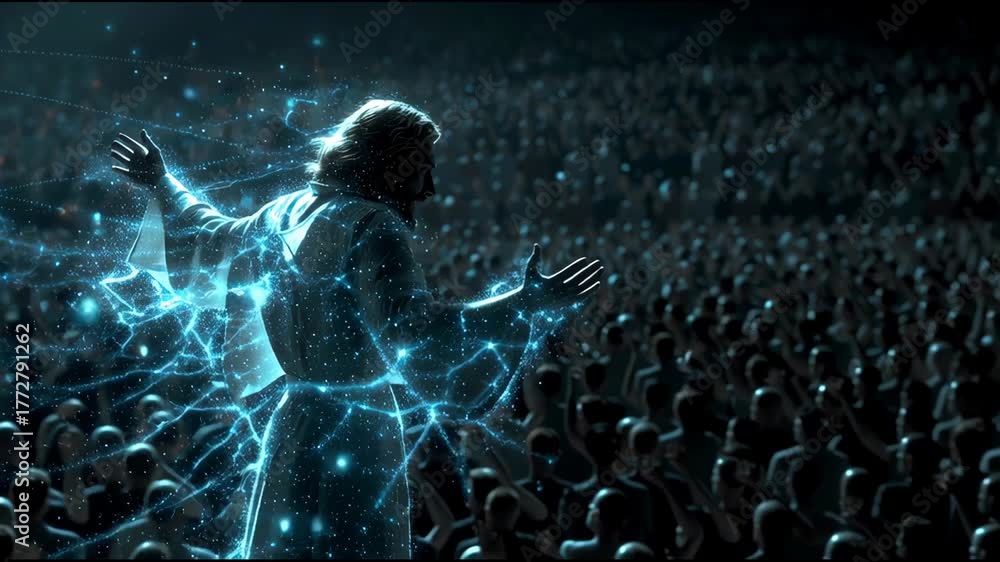 Low angle shot of the savior addressing a vast crowd represented by thousands of tiny interconnected glowing data points symbolizing humanity a powerful evangelical theme the light sources flicker wit