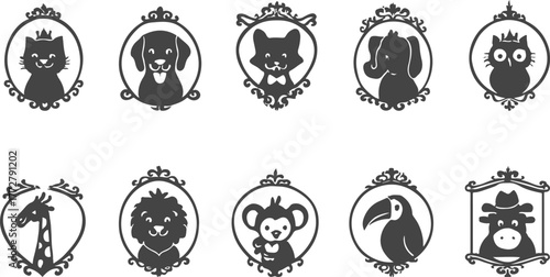 Animal portrait silhouettes in ornate frames cute and whimsical vector illustration
