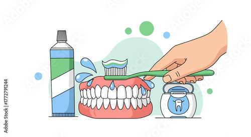 Oral care and daily dental hygiene routine illustration showing brushing teeth on a model with toothbrush, paste, and floss