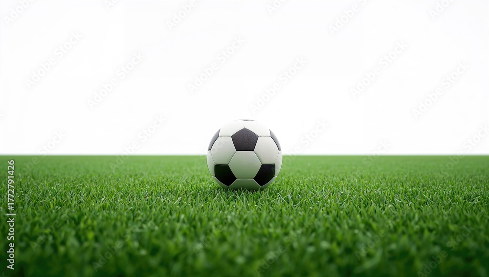 Fototapeta premium White backdrop featuring a football, pitch, and natural green turf