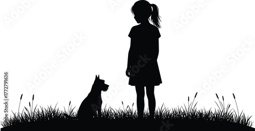 Silhouette child with dog, girl standing on grass, friendship bond, pet companion, nature scene, innocence, loyalty, outdoor illustration, black white contrast art