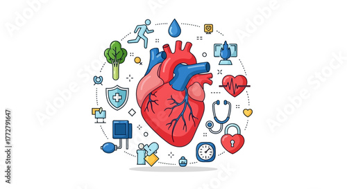 Comprehensive illustration of heart health and cardiovascular care, encompassing wellness, prevention, and medical support