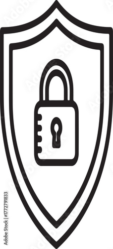 Cyber security shield icon with padlock silhouette symbol. Data protection, privacy lock emblem, antivirus firewall defense, secure login authentication guard vector illustration