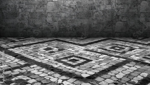 Black and white mosaic text...