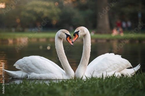 Two white swans swimming on...