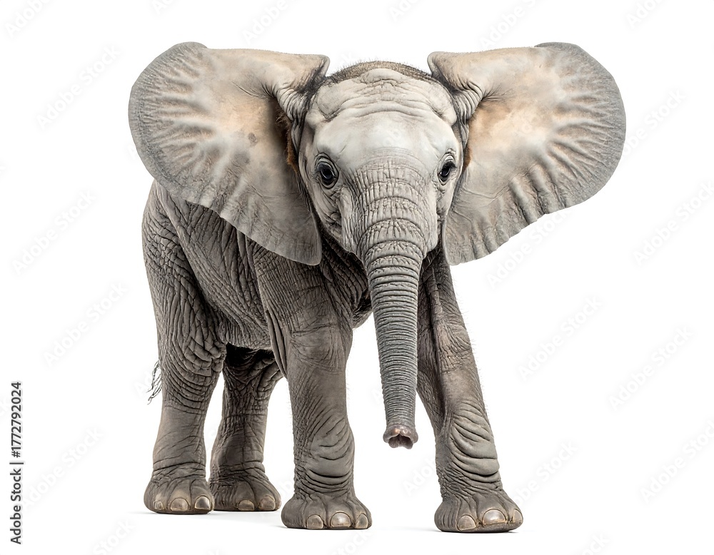 Fototapeta premium Adorable baby elephant facing forward, grey skin, large ears, against a clean white backdrop