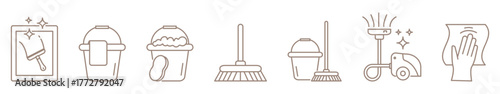 Set of clean home concept linear icons. Cleaning tools and products including mop, vacuum cleaner, sponge, detergent, and duster. Ideal for housekeeping, hygiene, and cleaning service design.