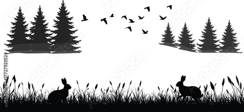 Black and white forest silhouette illustration, rabbits in grass, evergreen trees background, flying birds sky, peaceful woodland nature scene, wildlife landscape art, serene composition