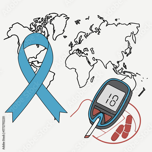 World Diabetes Day Awareness Graphic with Blue Ribbon and Glucometer