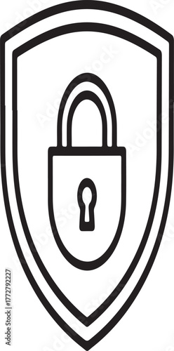 Cyber security shield icon with padlock silhouette symbol. Data protection, privacy lock emblem, antivirus firewall defense, secure login authentication guard vector illustration