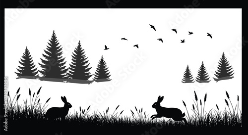 Silhouette rabbits in meadow, leaping hare in grass, forest trees background, flying birds in sky, wildlife nature scene, peaceful landscape illustration, black blue artwork