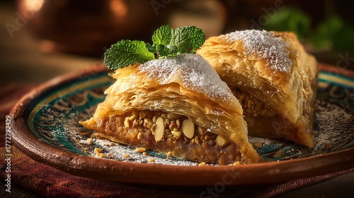 Two stacked triangular Pastilla pastries with almonds on a blue-green patterned plate, powdered sugar, mint sprigs, placed on red fabric with soft background.