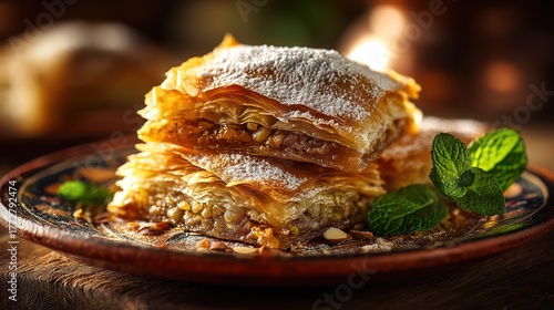 A single golden layered pastry with nut and syrup filling, powdered sugar, and mint on a vintage patterned ceramic plate on a dark wood table.