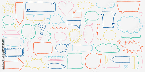 Cute kids color borders in sketch style, bright speech balloons, text box chalkboard details with naive dreamy doodles and playful charm.