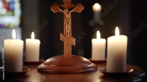 A wooden crucifix with the figure of Jesus Christ surrounded by four glowing candles in a dark, solemn setting.