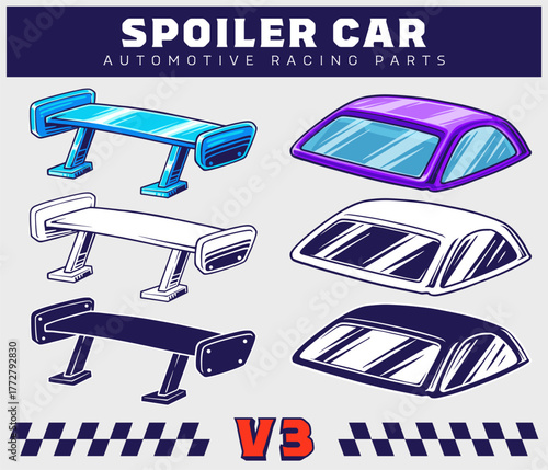 Car Spoiler, Wing, Aerodynamic Vector Illustration. Racing Wing Automotive design. Race Car Equipment Illustration Suitable for Garage, Mechanic, Car Game