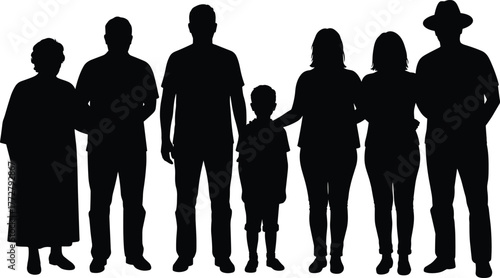 Silhouette group of diverse people standing together, family generations community unity concept, adults child elderly person, teamwork diversity support, lifestyle illustration design background