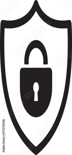Cyber security shield icon with padlock silhouette symbol. Data protection, privacy lock emblem, antivirus firewall defense, secure login authentication guard vector illustration