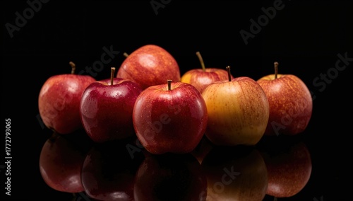 Apples on a glossy black su...