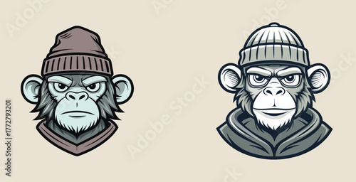 Stylish elegant monkey animal with in beanie logo vector art design illustration