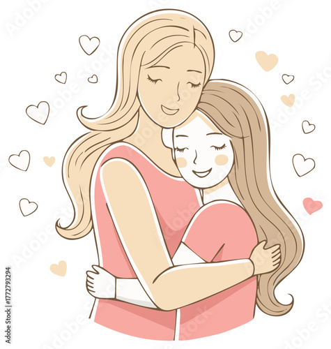Joyful mother and daughter embracing tightly with closed eyes and smiling faces, surrounded by decorative hearts.