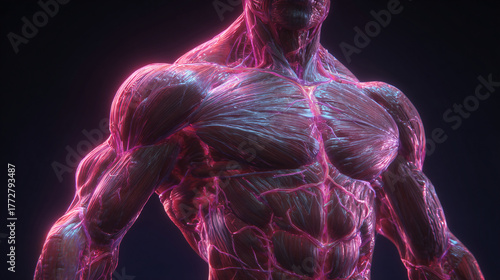 Human muscular system with visible blood vessels, glowing neon pink and blue