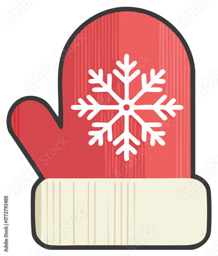 Cozy red winter mitten with white snowflake design warm knitted holiday season accessory illustration