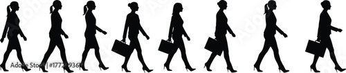 Businesswoman walking silhouette sequence, professional female character with briefcase, high heels office attire, corporate woman stride cycle, motion study, animation reference,