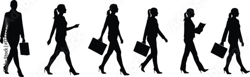 Businesswoman walking silhouette sequence, female professional in motion, handbag and folder poses, elegant office attire, animation walking cycle, corporate lifestyle,