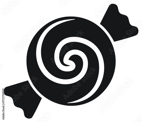 Black and white candy illustration, wrapped sweet treat with swirly design