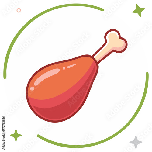 Cartoonish chicken leg illustration encircled by green line with star sprinkles in simple graphic design