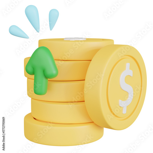 3D render of gold coin with upward arrow.