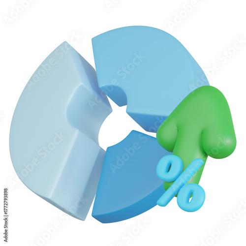 3D rendering of pie chart with growth arrow.