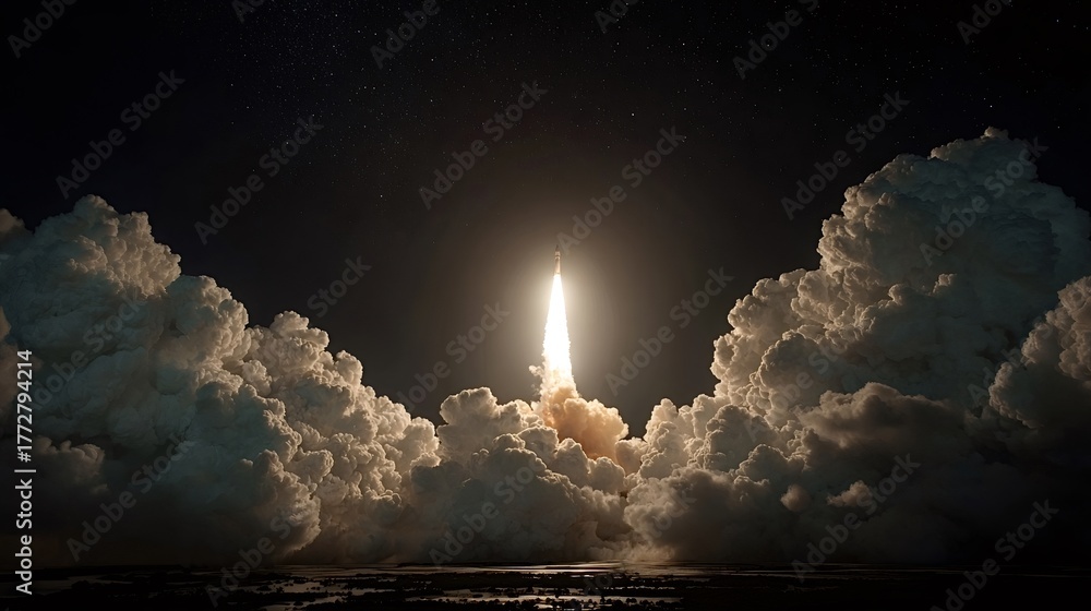 Obraz premium Rocket ascending into the dark starry sky, emitting a fiery propulsion trail and creating massive, illuminated smoke plumes, symbolizing space exploration, innovation, and technological advancement